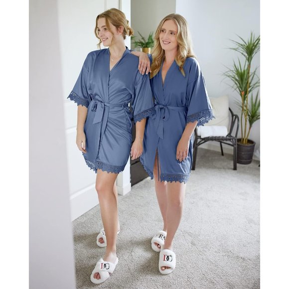 Women's Silk Robe Satin Robe with Lace Trim∣Bridal Party Robe Bride Robe - Picture 5 of 9